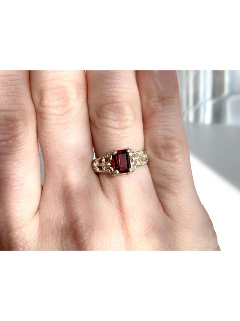 Garnet Emerald Cut Gemstone Sterling Silver 925 Elegant Vintage Ring - Picture 12 of 13